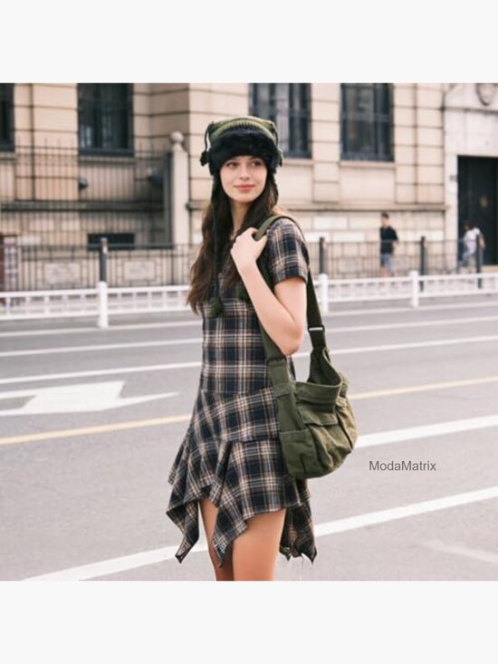 2-Piece Grunge Set: Cat Ear Beanie and Messenger Bag, Knit Hat & Canvas